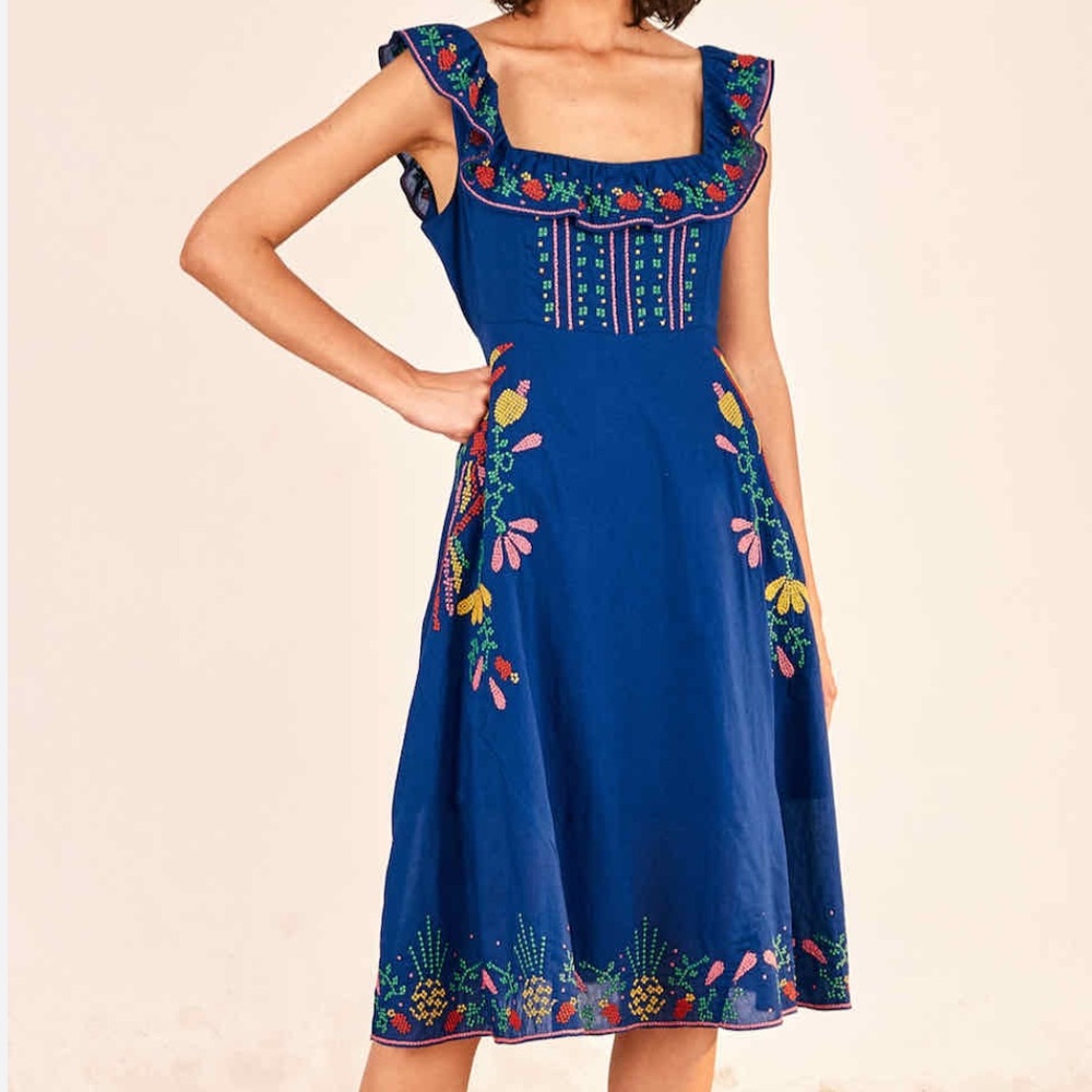 Farm Rio Cross Stitch Embroidered Midi Dress